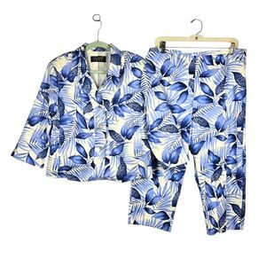 VTG Christina Hope Petite Blue White Tropical Palm Print Pant Suit‎ Set Size 16P